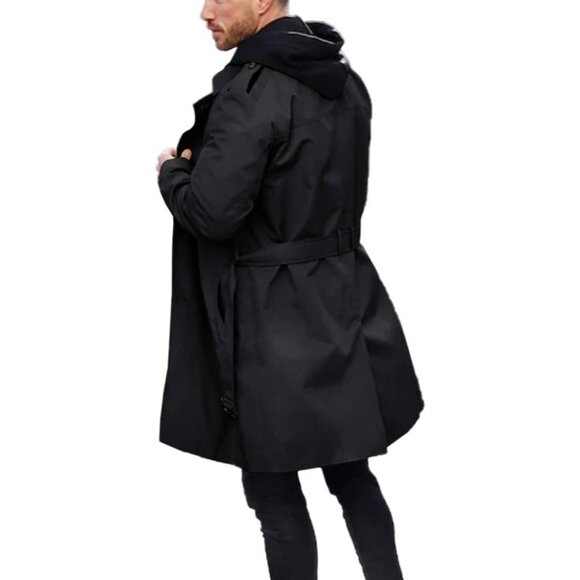 🆕 Men Black Double Breasted Long Jacket Notched Lapel Belt Fall Trench Coat Fit - Picture 4 of 7